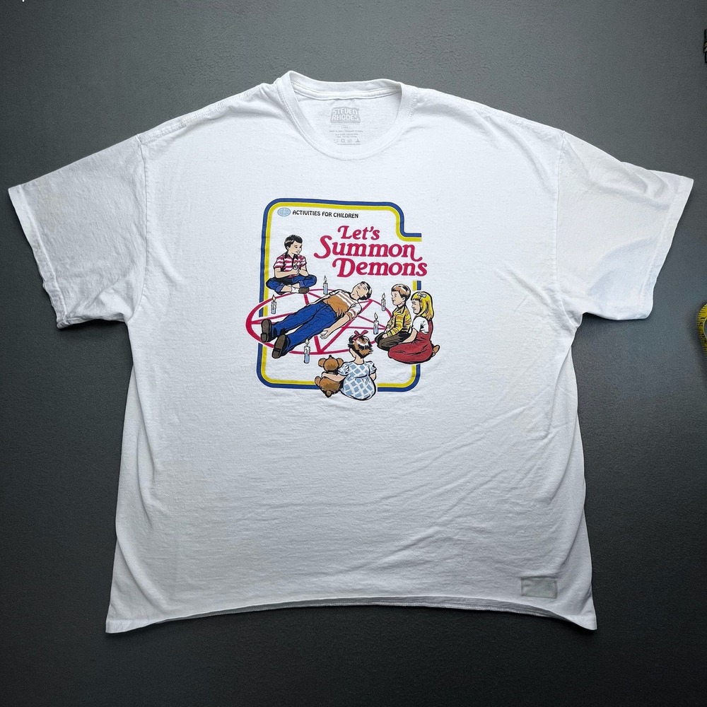 Steven Rhodes Let's Summon Demons T-Shirt Mens XXL White Graphic Tee Funny Retro